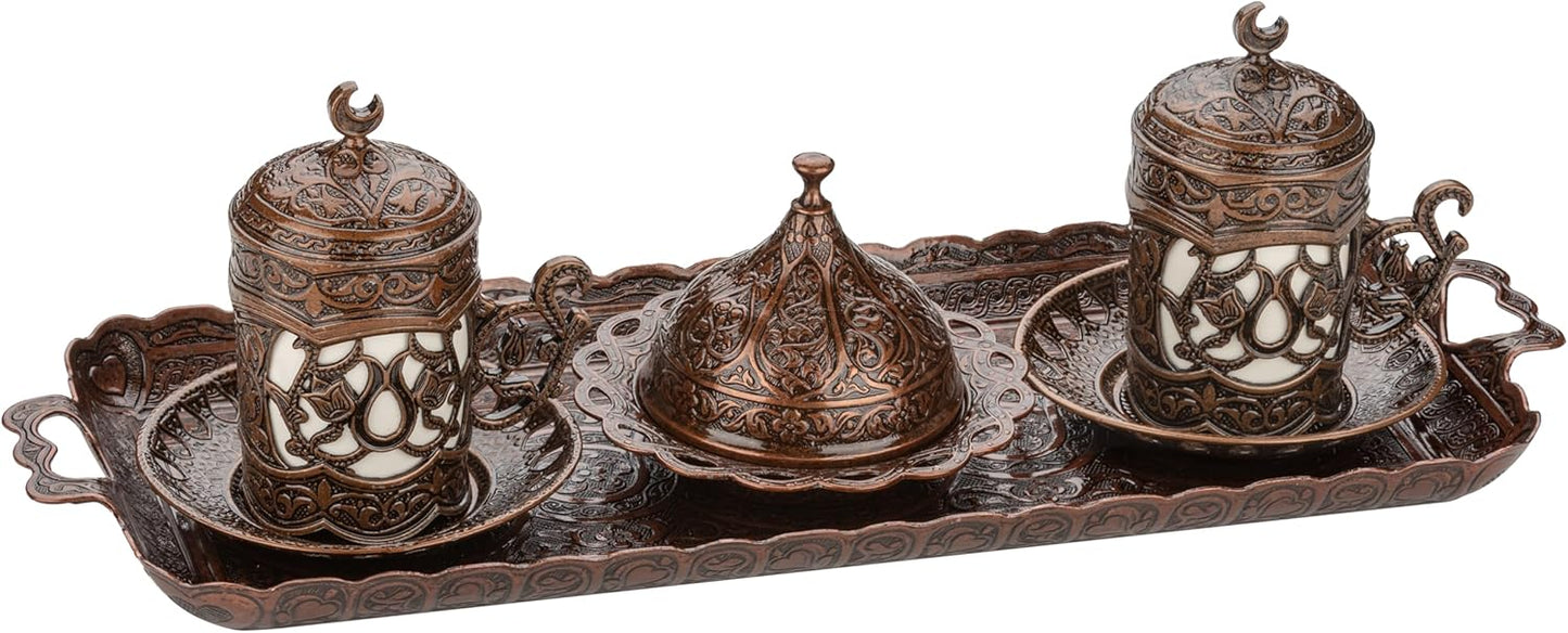 Alisveristime Ottoman Turkish Greek Arabic Espresso Coffee Cups with Saucer and Lid (Set of 2) (Hilal) (Silver)