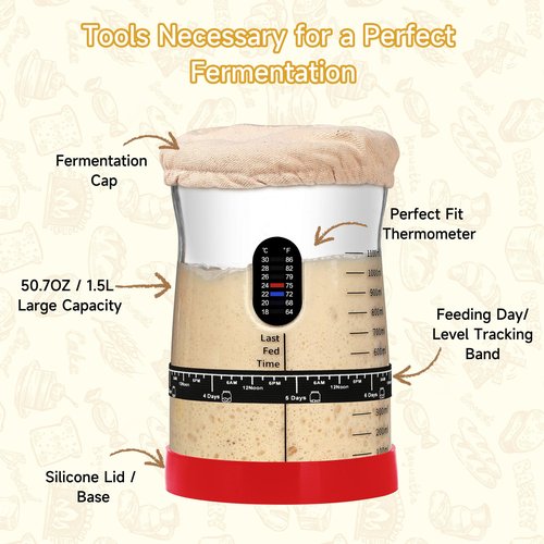 Coco Bird Pro Sourdough Starter Kit- 50oz Large Capacity Sourdough Starter Jar, 17 Flavorful Fermentation Recipes, Sourdough Bread Baking Supplies for Making Delicious Sourdough Breads(Red, 1Set)