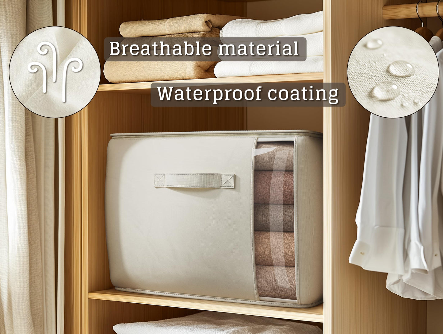 TomVista Large Canvas Clothes Storage Bags with Thick Handles and Clear Window, Foldable Cotton Linen Underbed Closet Organizer for Clothing, Blankets and Bedding, 60L, 6 Pack, Beige