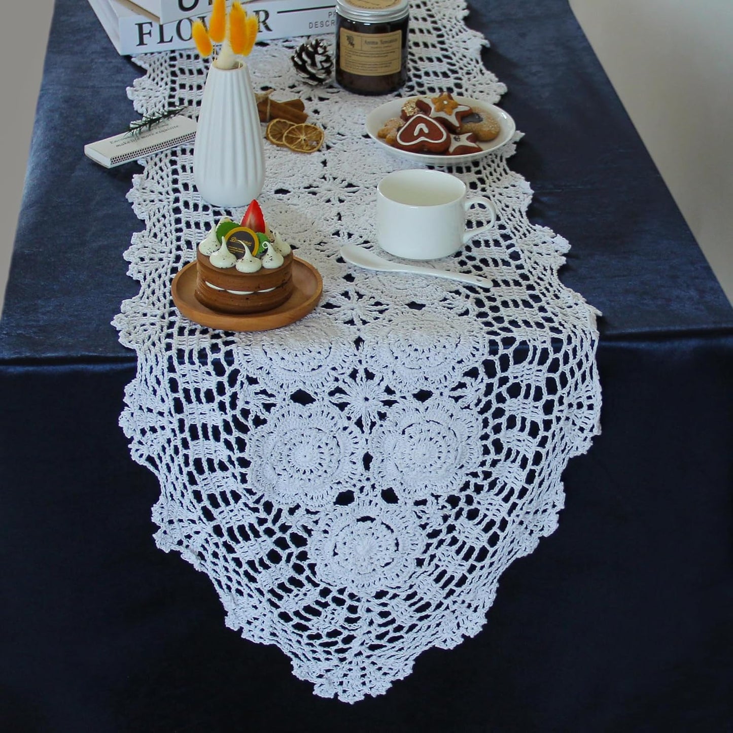 Handmade Crochet Cotton Lace Table Runner - 15 x 43 Inch Elegant Tablecloth