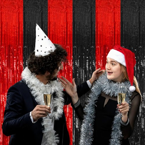 10 Pack Black and Red Party Backdrop Streamers Decorations Foil Fringe Curtains Metallic Tinsel Backdrop for Birthday Halloween Christmas New Year Fancy Ball Graduation Party Decor