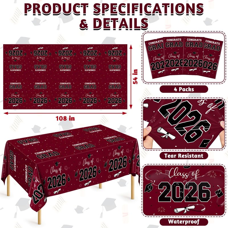 QZYL 4 Pack Graduation Table Decorations 2026, 54" x 108" Maroon Graduation Table Cloths, Disposable Grad Party Decorations for Class of 2026 Congrats Grad, Rectangle Plastic Tablecloth for College