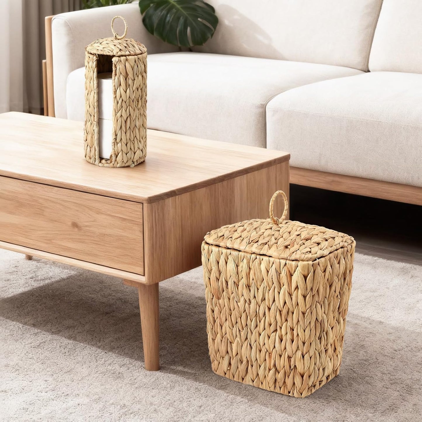 Wicker Waste Basket - Handwoven Water Hyacinth Trash Can with Lid | 2.5 Gal Rustic Decor for Home