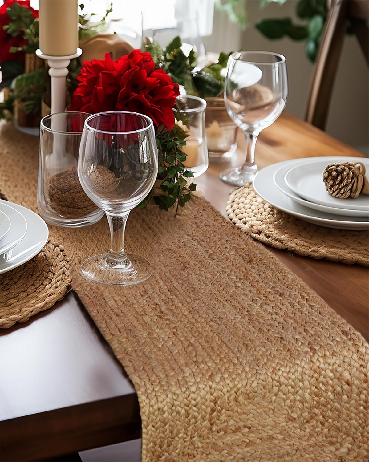 Jute Braided Table Runner - Rustic Farmhouse Style for Thanksgiving & Christmas - 13 x 36 inches