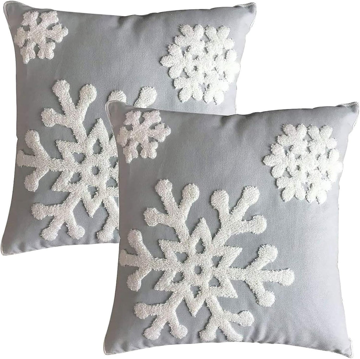 Christmas Snowflake Embroidered Throw Pillow Covers - 18x18 Cotton Linen, Set of 2