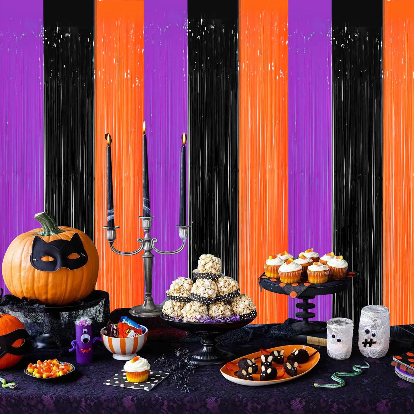 Voircoloria 3 Pack 3.3 x 8.2 ft Halloween Foil Fringe Backdrop Curtains, Tinsel Streamers Party Decorations, Fringe Backdrop