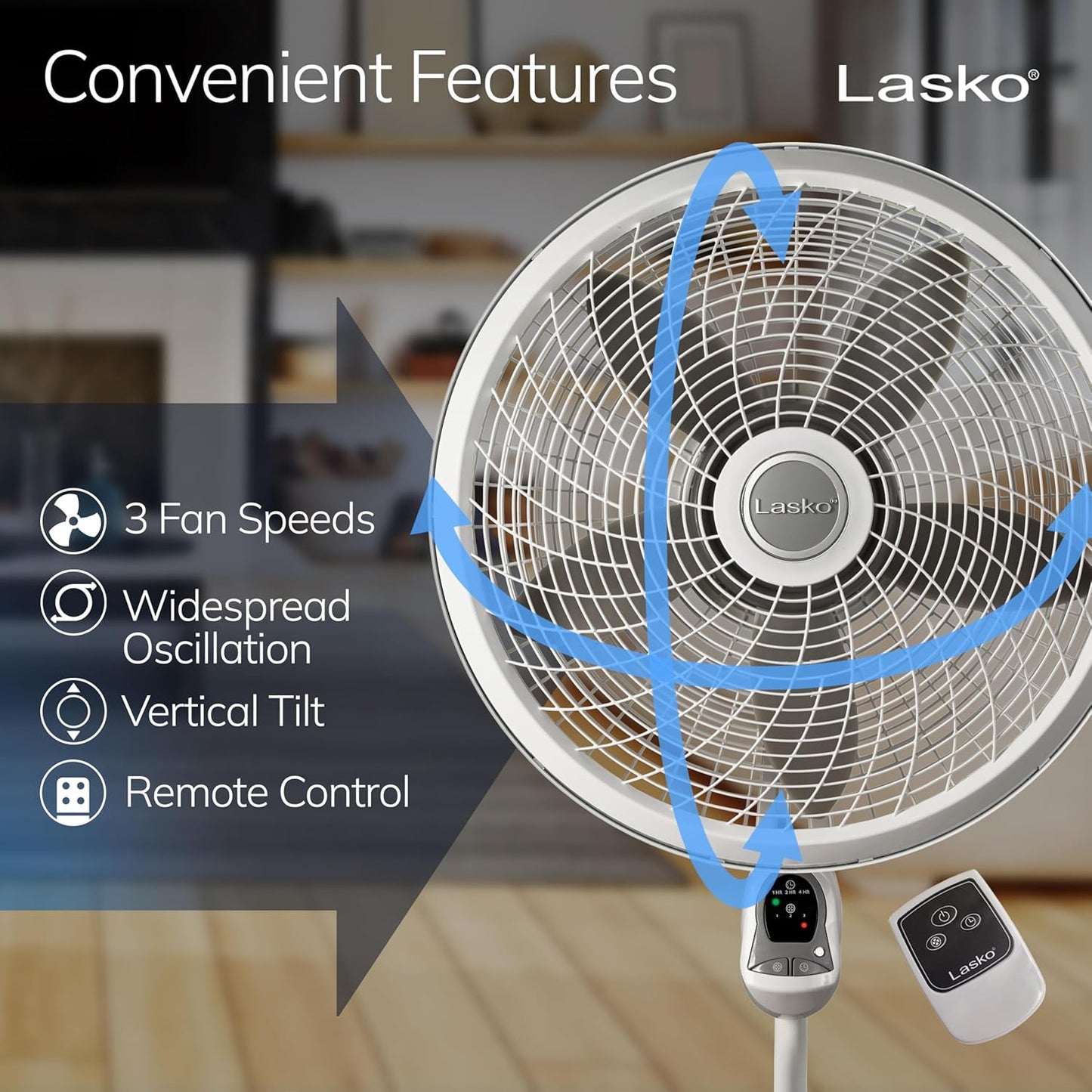 Lasko Cyclone Pedestal Fan, Adjustable Height, Remote Control, Timer, 3 Speeds, for Bedroom, Kitchen, Office and Living Room, 18", White, 1885, Large
