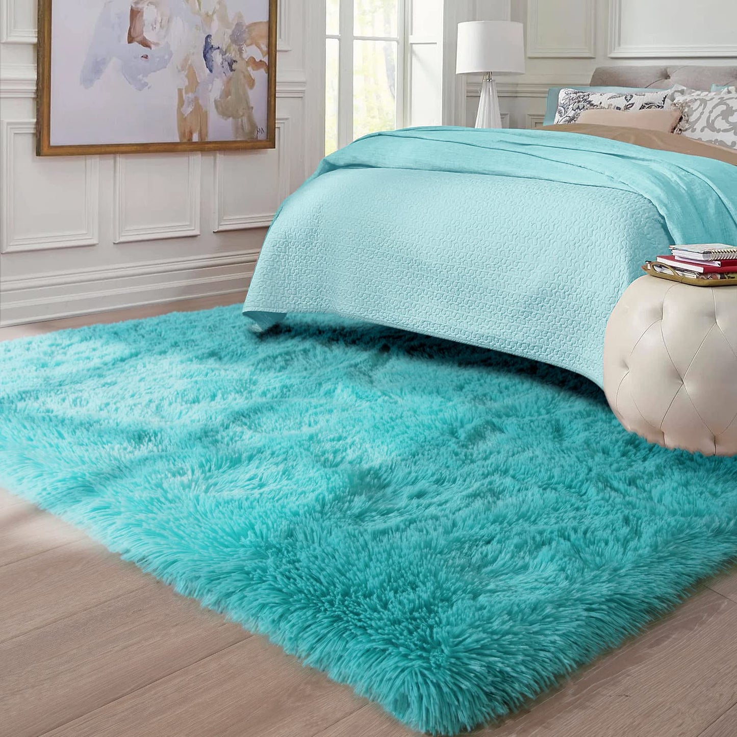 Ompaa Soft Fluffy Area Rug for Living Room Bedroom, 5x8 Teal Blue Plush Shag Rugs, Fuzzy Shaggy Accent Carpets for Kids Girls Rooms, Modern Apartment Nursery Dorm Indoor Furry Decor