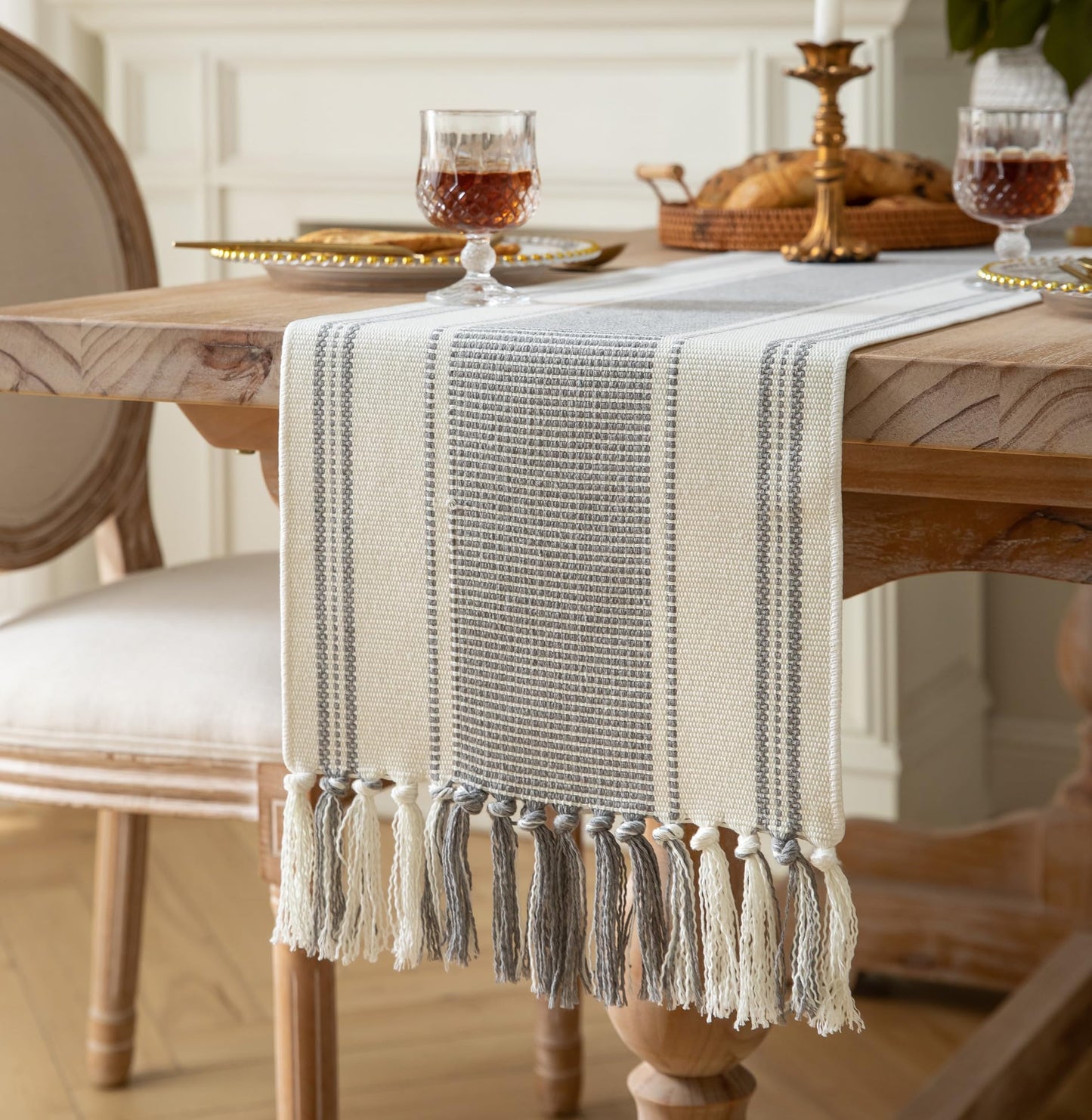 Caflife Boho Table Runner Grey Stripe for Modern Farmhouse Coffee Table Decor, Rustic Woven Runner with Handcrafted Tassels for Home Dining Table décor 13 x 108 Inch Long