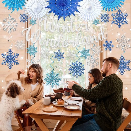 **Winter Wonderland Decorations | Blue Glitter Banner & Snowflake Ornaments for Festive Indoor Decor**