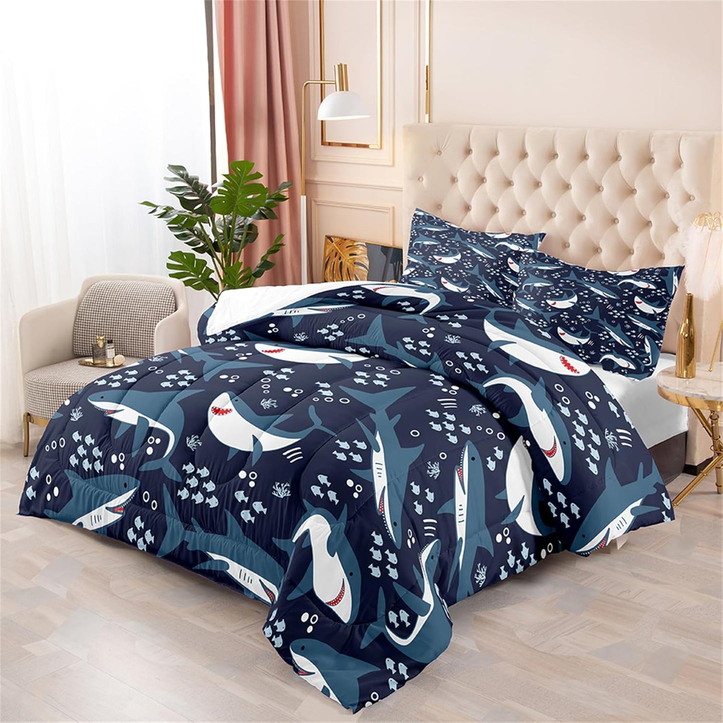 Cute Cartoon Dinosaur Bedding Set, Ultra Soft Full Size Comforter Set for Boys, Lovely Dinosaur Printed Comforter for Kids Teens, Dark Blue Microfiber Quilt for All Season 3Pcs with Pillowcases
