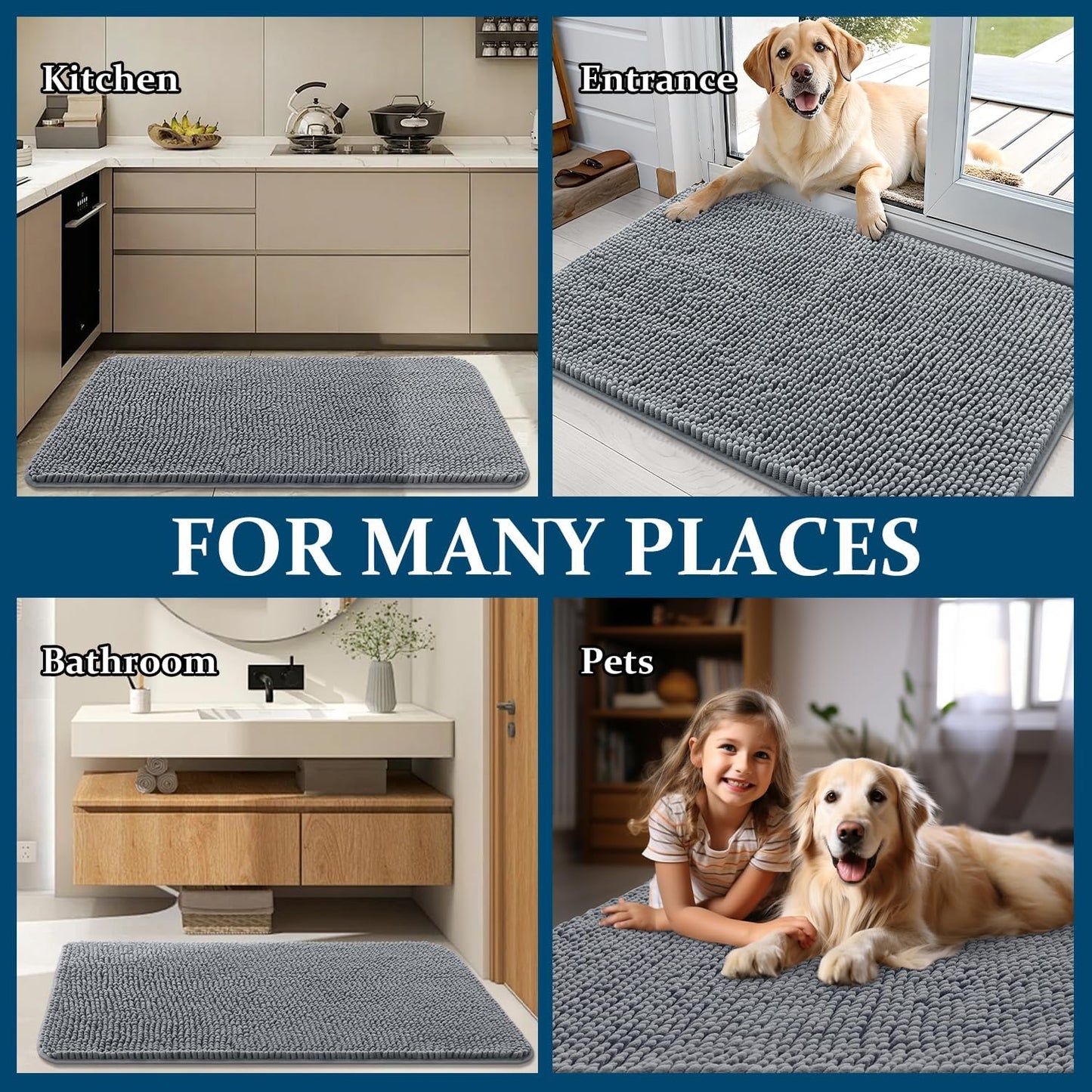 OLANLY Dog Door Mat - Absorbent Non-Slip Chenille Mat for Muddy Paws | 30x20 Inches, Grey