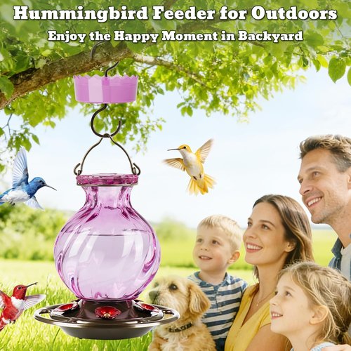 Auslar Hummingbird Feeder - 26 Ounce Purple Outdoor Feeder with Ant Moat & 5 Feeding Ports