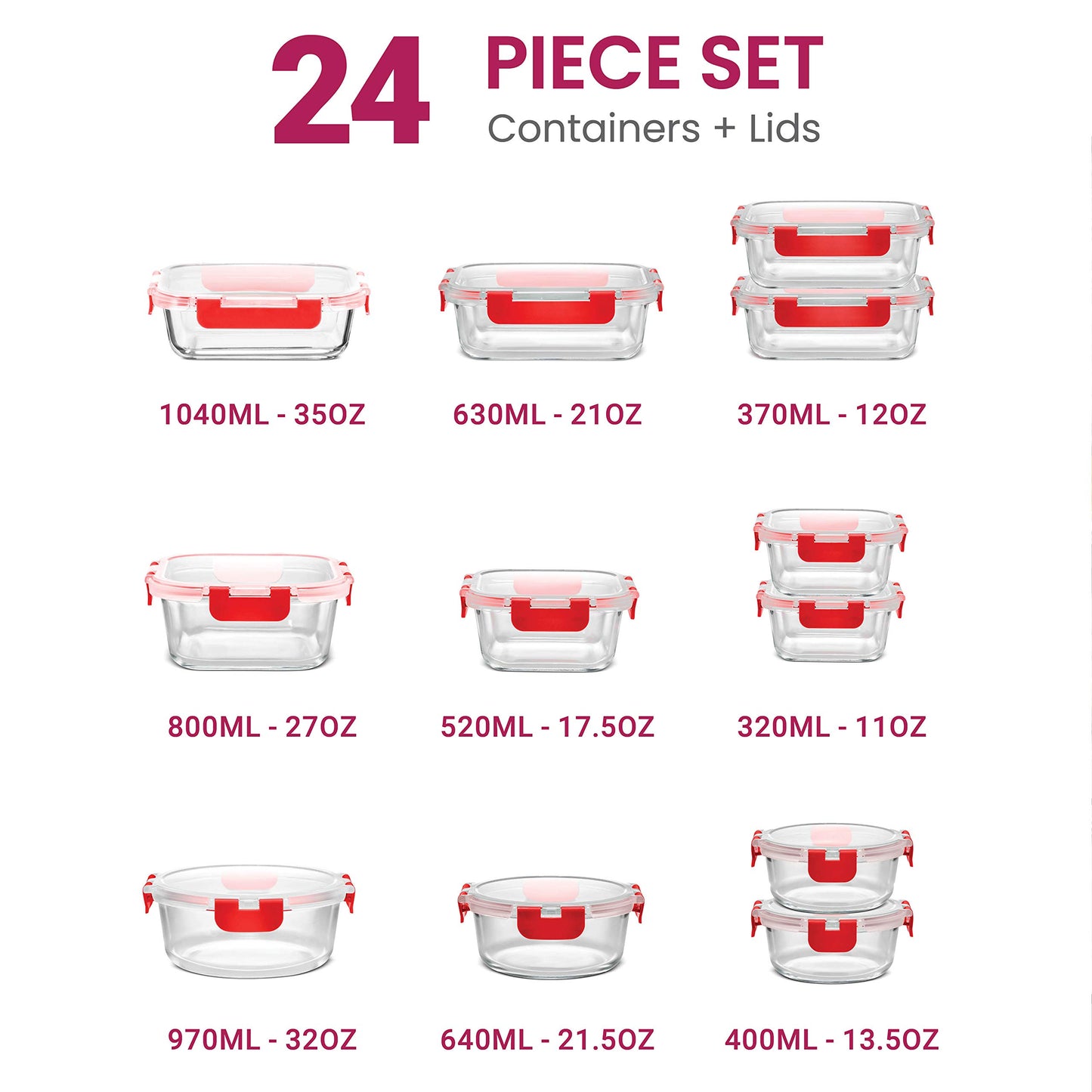 FineDine 24 Piece Glass Storage Containers with Lids - Leak Proof, Dishwasher Safe Glass Food Storage Containers for Meal Prep or Leftovers (Red, 24 Piece)