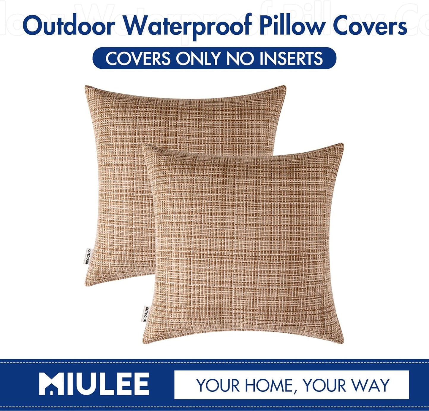 MIULEE Outdoor Waterproof Throw Pillow Covers - Decorative Farmhouse Cushion Covers | Pack of 2, 18x18 Inch Beige