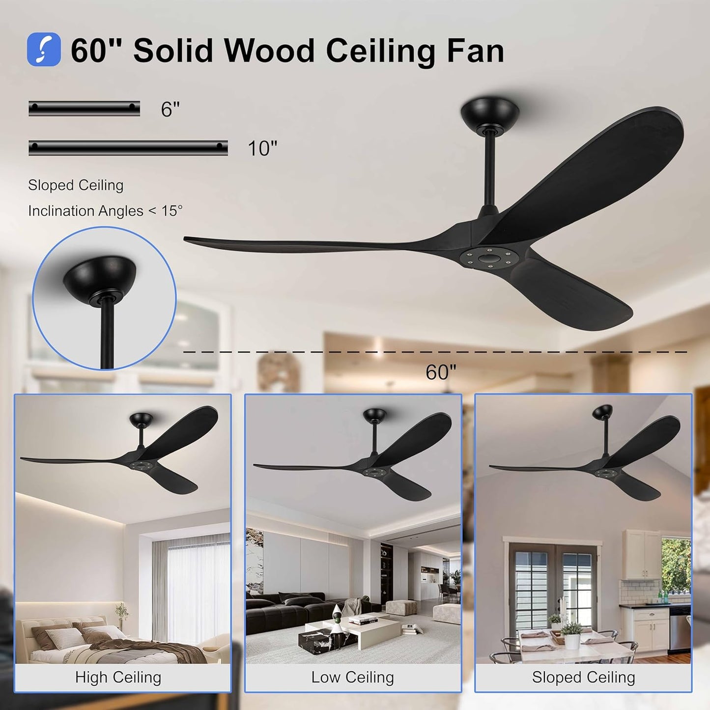 60 inch Ceiling Fans Without Lights, Wet Rated Outdoor Ceiling Fans with 3 Wood Blades, for Patios Outside Porch, Noiseless Reversible DC Motor and Remote, for Outdoor Indoor,Black
