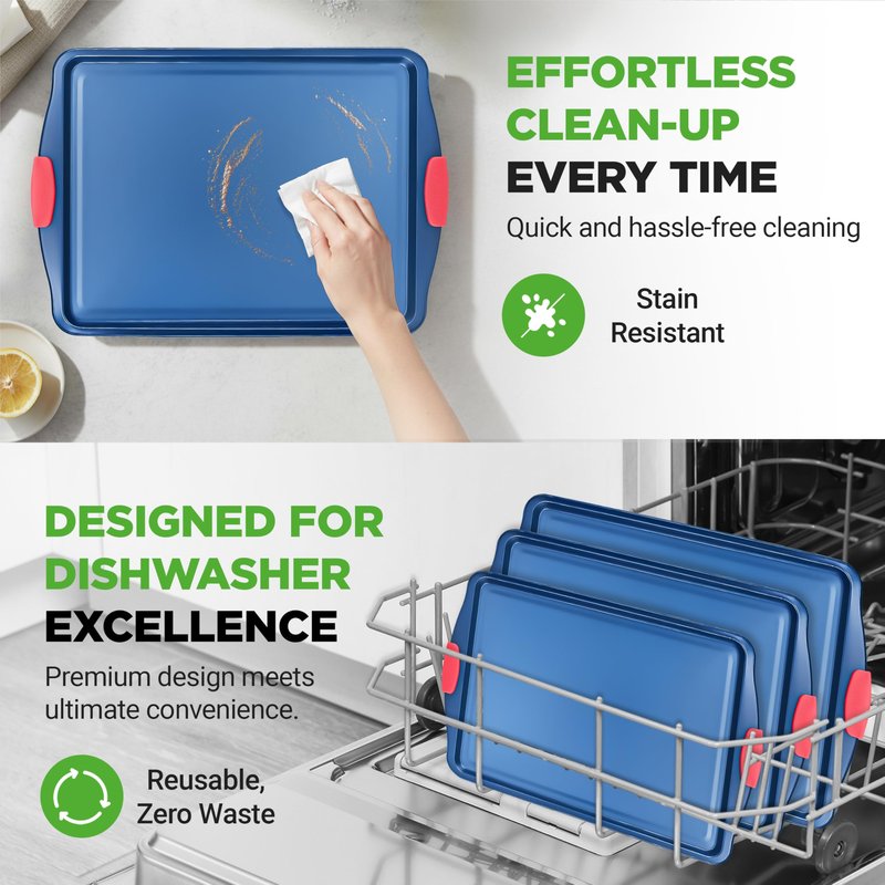 NutriChef 3-Piece Nonstick Cookie Sheets for Baking - Premium Carbon Steel Baking Trays w/ Non-Stick Smooth Coating & Silicone Handles - Large, Medium, & Small Bakeware - Blue