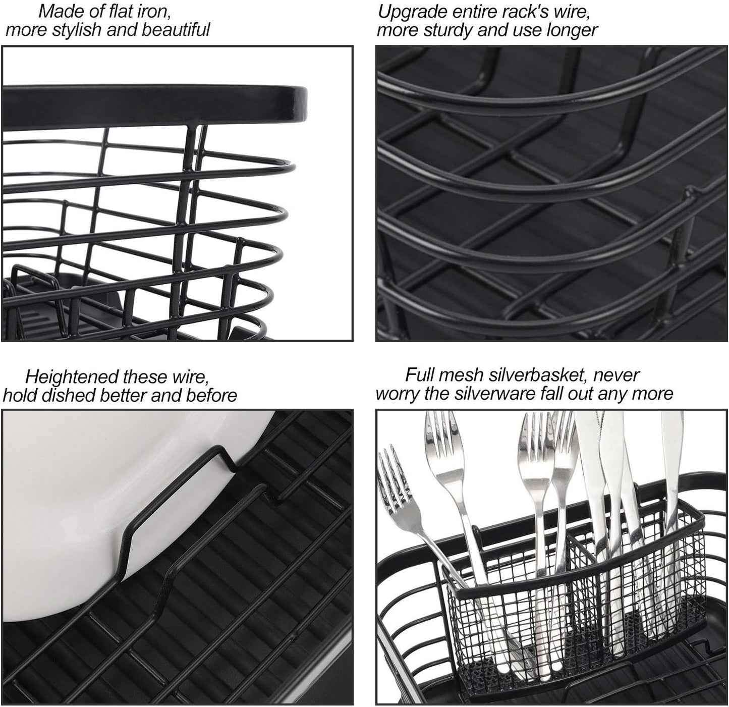 TQVAI Kitchen Dish Drainer Rack - Includes Drying Board & Full-Mesh Utensils Holder | Black