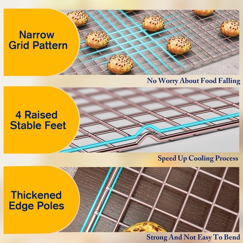 2-Pack Cooling Racks for Cooking and Baking - 10" x 15"Heavy Duty Stainless Steel Wire Rack for Baking, Grilling, Roasting - Oven & Dishwasher Safe - Fits Jelly Roll Sheet Pan(Rose Gold)