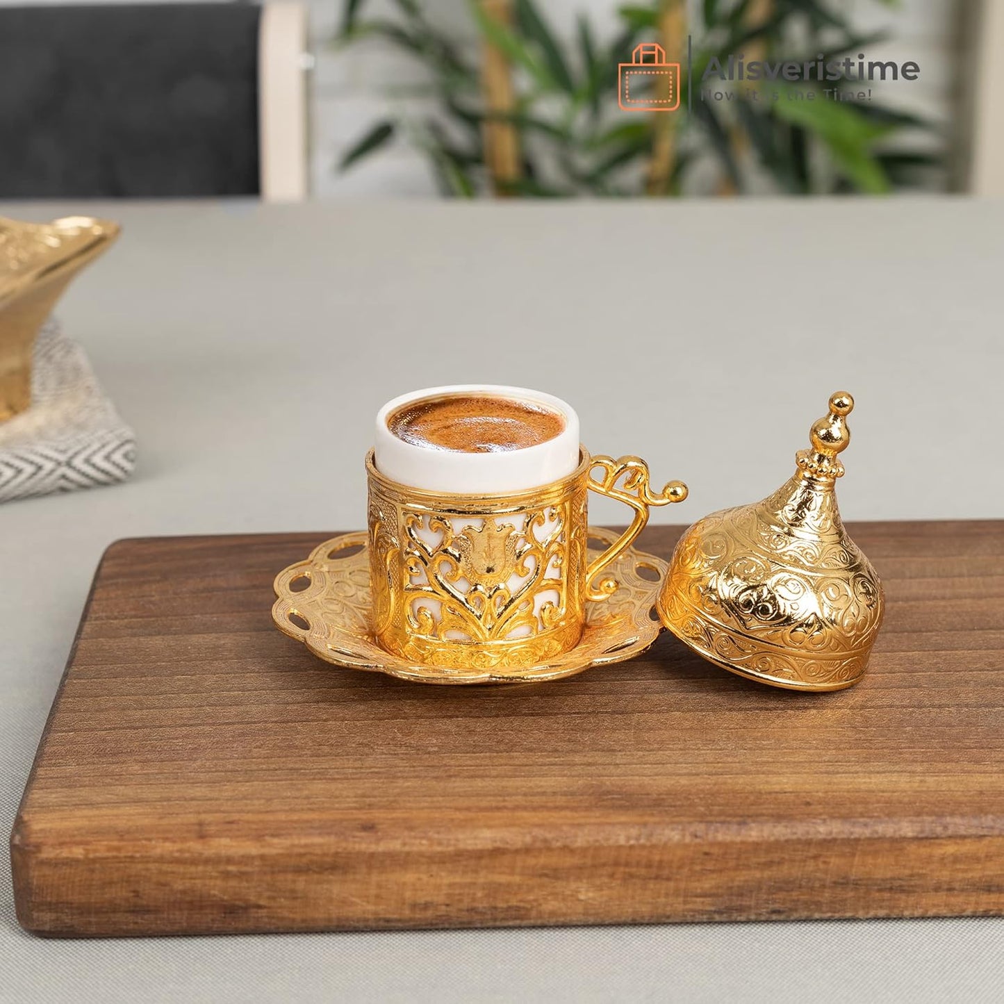 Alisveristime Authentic Turkish Coffee Cup Set: Zamak & Porcelain, Tulip Motifs (Set of 2) (Lale) (Gold)