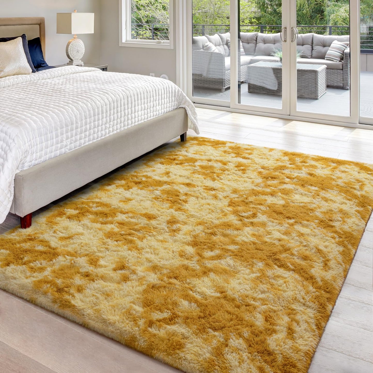 Hutha 5x8 Large Area Rugs for Living Room, Super Soft Fluffy Modern Bedroom Rug, Tie-Dyed Orange Yellow Indoor Shag Fuzzy Carpets for Girls Kids Nursery Room Home Decor