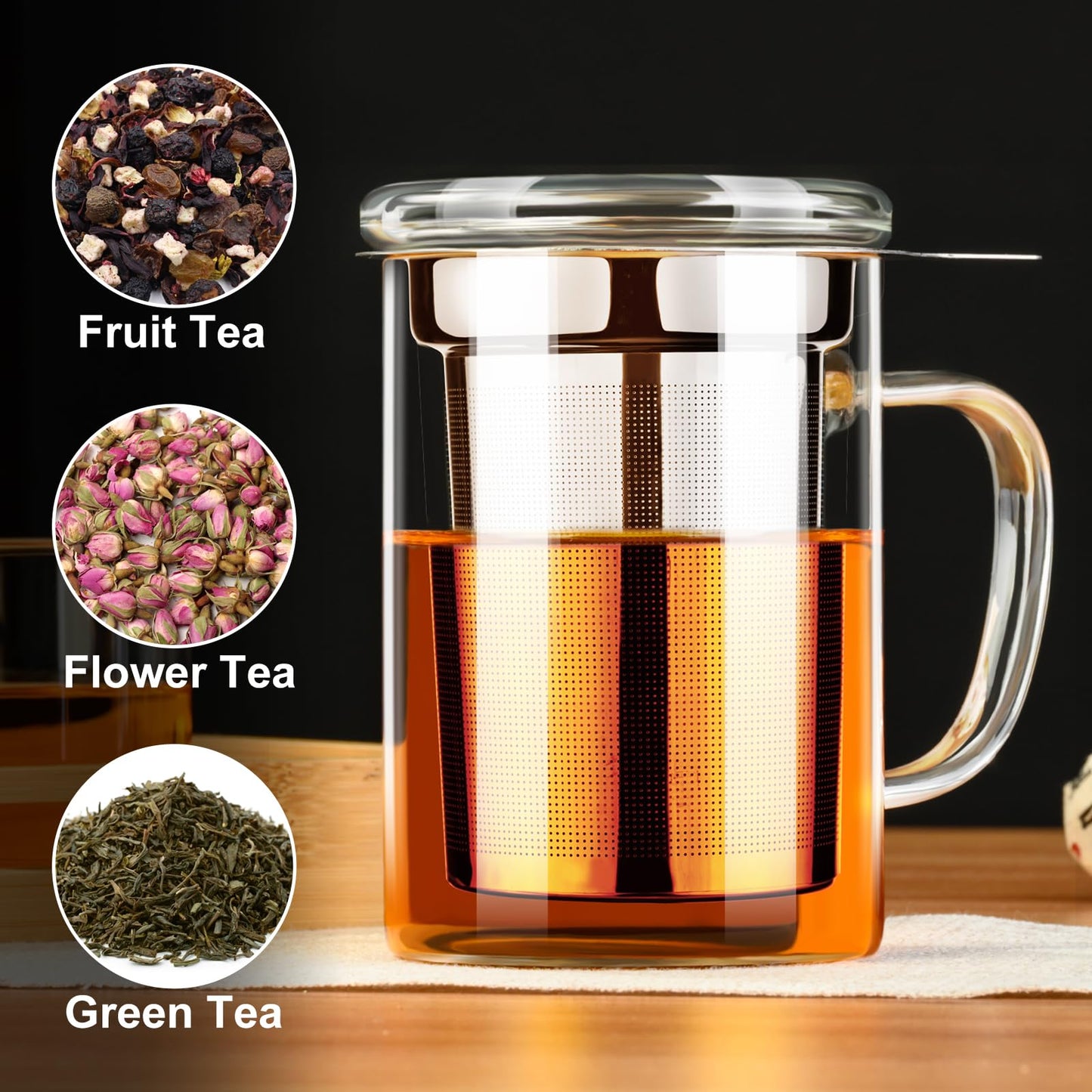 PARACITY Tea Cup, Borosilicate Clear Tea Mug with Removable Stainless Steel Infuser and Lid, Tea Cup 15oz/450ml Stove Safe, Glass Teas Cups for Loose Tea, Gift for Family and Friends