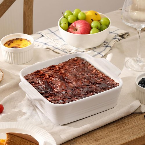 DOWAN 8x8 Ceramic Baking Dish - Square Casserole Pan with Handle for Brownies & Lasagna | 2 Quart, White