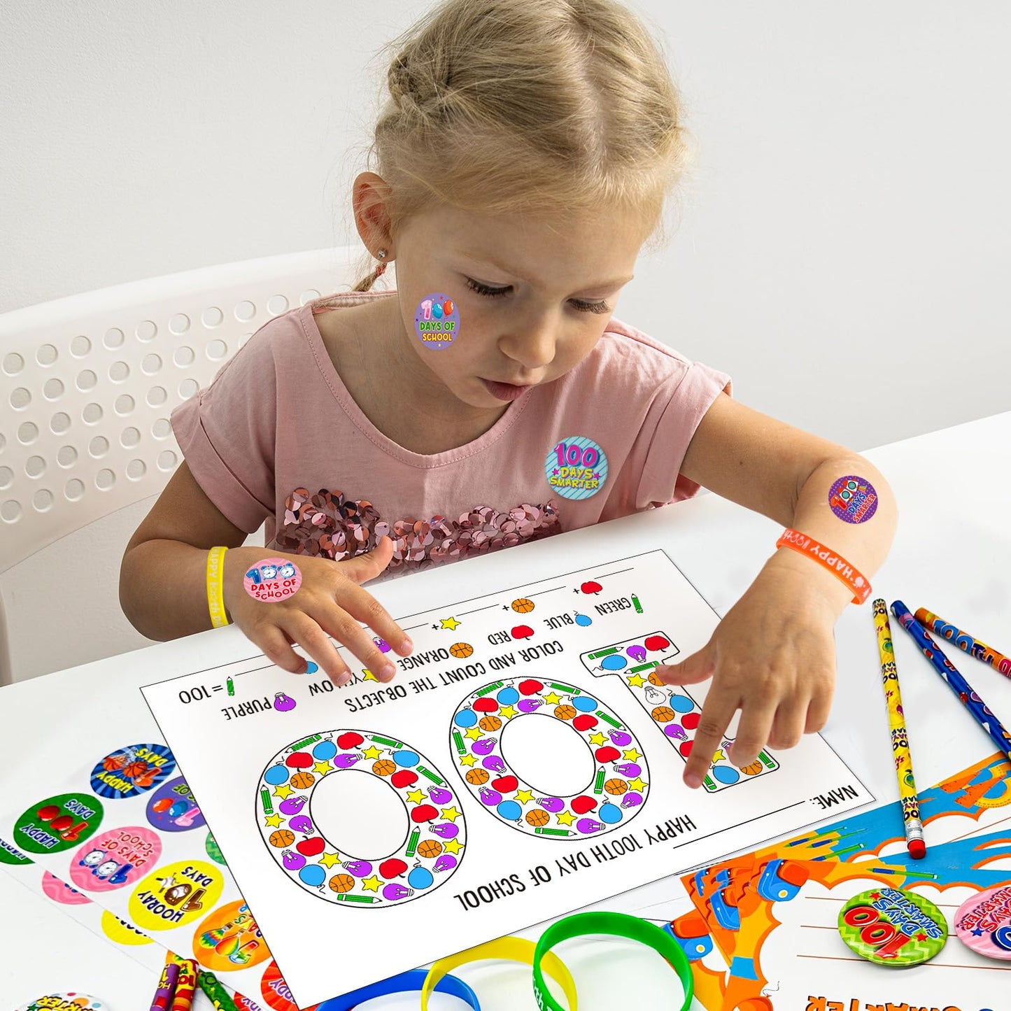 180 Pcs 100 Days of School Awards Set,Happy 100th Day Certificate of Award Rubber Bracelets Wristbands Coloring Posters Pencils 100 Days Smarter Badges Pins Stickers for School Party Gift Favors