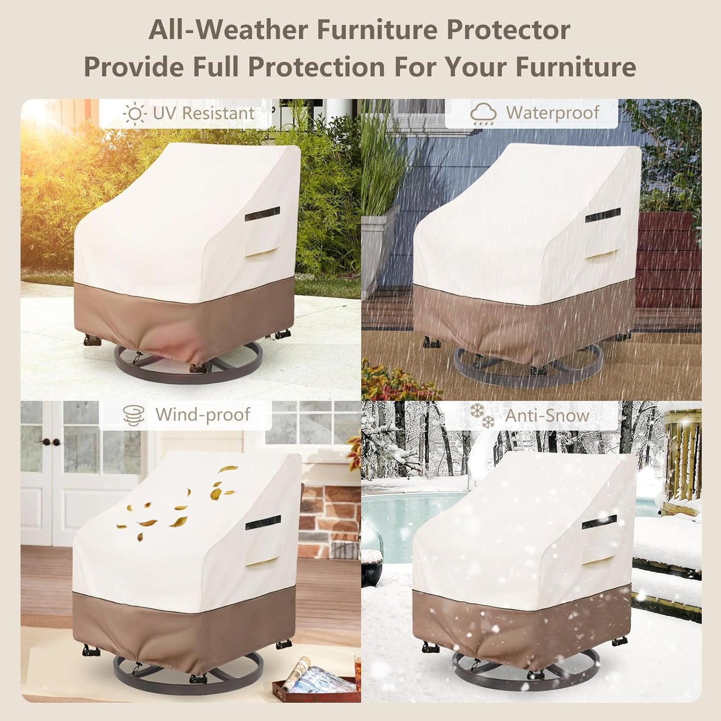 Patio Chair Covers | Waterproof Heavy-Duty Protection for Swivel Chairs - 33W x 35D x 36H Inches (Beige) - 2 Pack