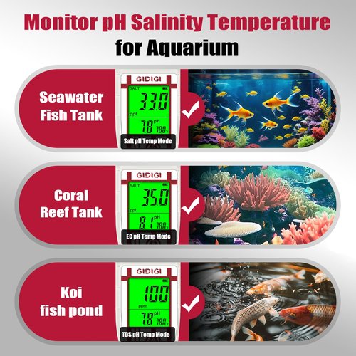 Aquarium Salinity pH Meter,Digital Pool Salt Tester,Simultaneously Display 5 in 1 PPM pH EC Reader Water Quality Tester for Pool, Aquaponics,Koi Pond, Coral Reef Tank