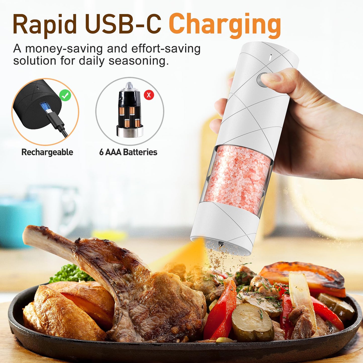 Electric Salt and Pepper Grinder Set, Rechargeable Automatic Pepper Mill Grinder with LED Light, Adjustable Coarseness shakers, One-Hand Operation for Kitchen(2 Pack, Upgrade White+White)