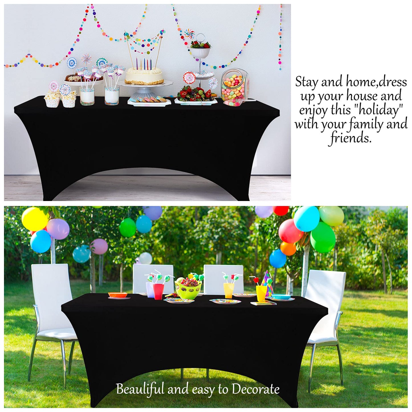BDDC Table Covers for 6 Foot Tables, Black Washable and Wrinkle Resistant Stretch Tablecloths Rectangle 6ft for Events, Wedding, Banquets, Parties