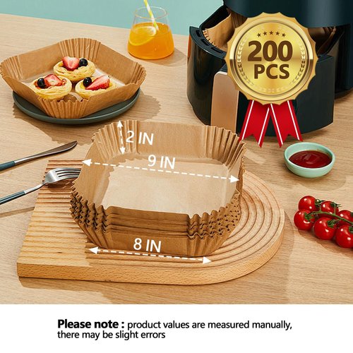 9 Inch Air Fryer Paper Liner Disposable, 200PCS Non-Stick, Oil-Proof & High-Temperature Resistant Square Baking Parchment Paper for Air Fryer, Microwave and Oven(Bottom Is 8 Inch)