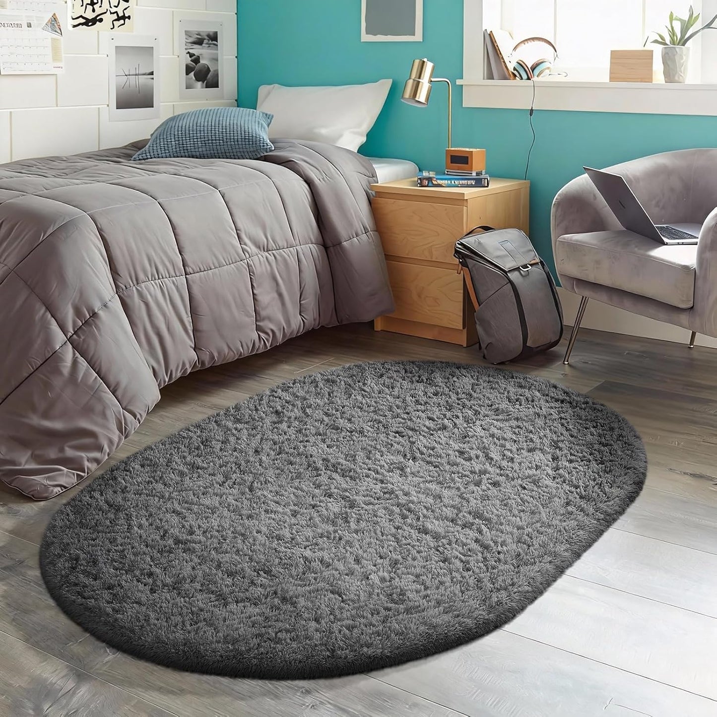 Ophanie Grey Oval Area Rug - Soft Plush Shaggy Carpet for Bedroom & Living Room | 3x5 ft
