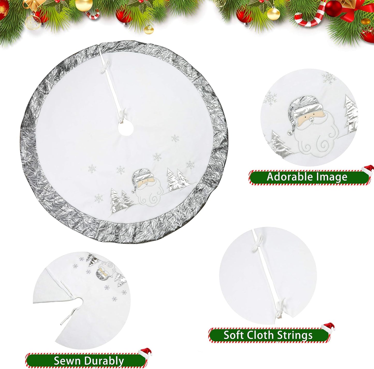 Luxury 36'' Snowman Christmas Tree Skirt - Silvery White Embroidered Snowflake with Satin Border