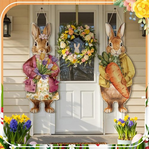 Anglechic Large Easter Bunny Door Sign - 12.1 x 29.3 Inch Wooden Porch Decor with Floral Carrot