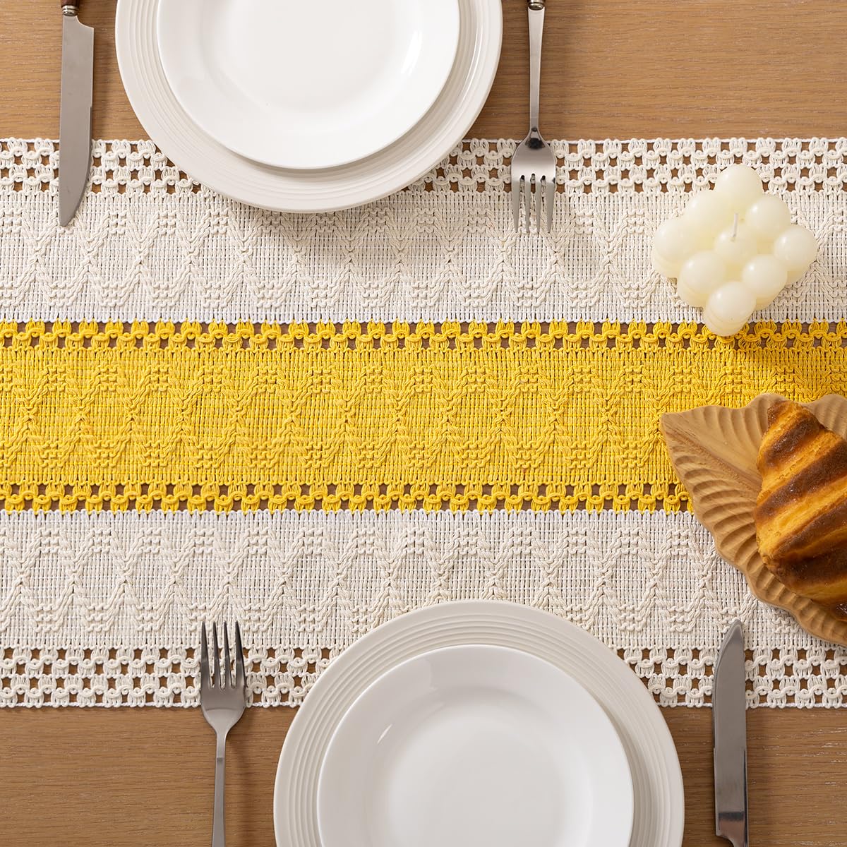 Socomi Boho Table Runner Easter Spring Farmhouse Rustic Dining Kitchen Centerpiece Decor Small Macrame Woven Cotton Coffee Table Runner for Dresser Scarf Home Decor 12x72 in Yellow Gold Ivory