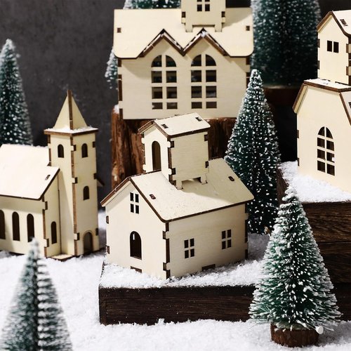 Hiboom 24 Pcs DIY Christmas Village Set - Rustic Wooden Church & Mini Houses for Holiday Decor
