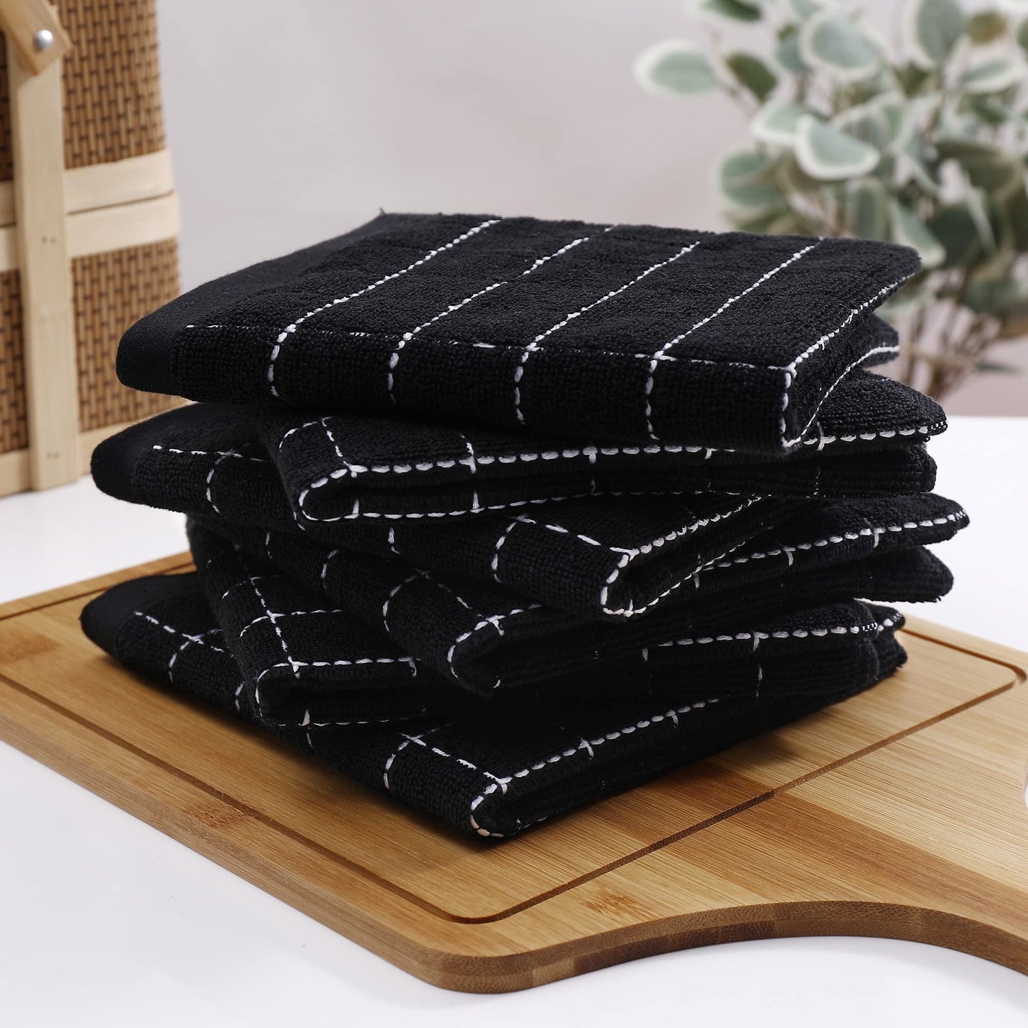 Homaxy 100% Cotton Terry Kitchen Towels(Black, 13 x 28 inches), Checkered Designed, Soft and Super Absorbent Dish Towels, 12 Pack