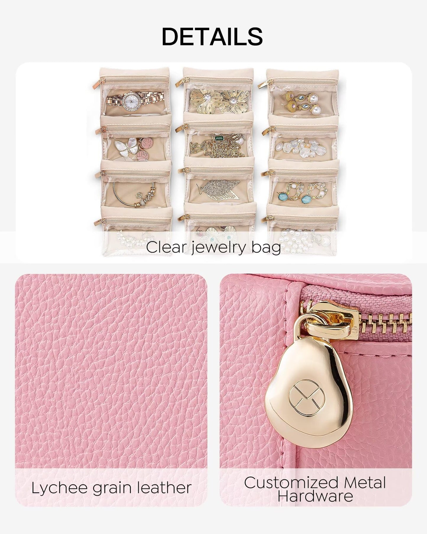 Vlando Jewelry Travel Organzier,Jewelry Travel Case with 12 Pcs Velvet Jewelry Bags,Christmas Gift Birthday Gift Graduation for Women Girl-Strawberry Pink