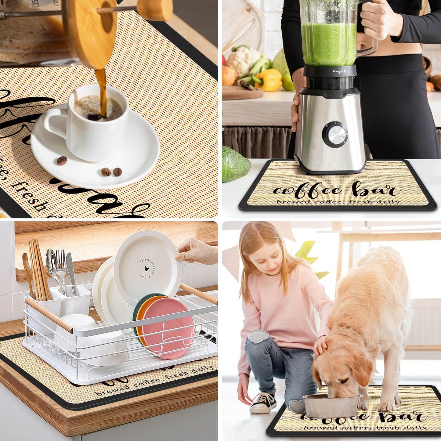 DK177 Coffee Mat - Dish Drying Mat for Kitchen Counter, Hide Stain, Absorbent with Waterproof Rubber Backing, Fit Kitchen Dish Rack Bar Accessories (Coffee Bar, 24" x 16")