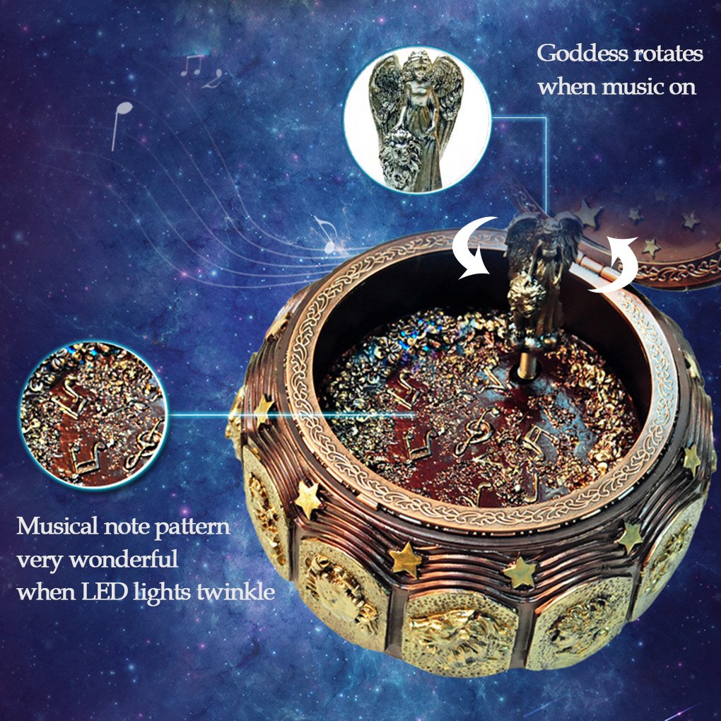Briskfeel Vintage Music Box with Constellations Rotating Goddess LED Lights Twinkling Resin Carved Mechanism Musical Box with Sankyo 18-Note Wind Up Signs of The Zodiac Gift for Birthday (A1 Vintage)