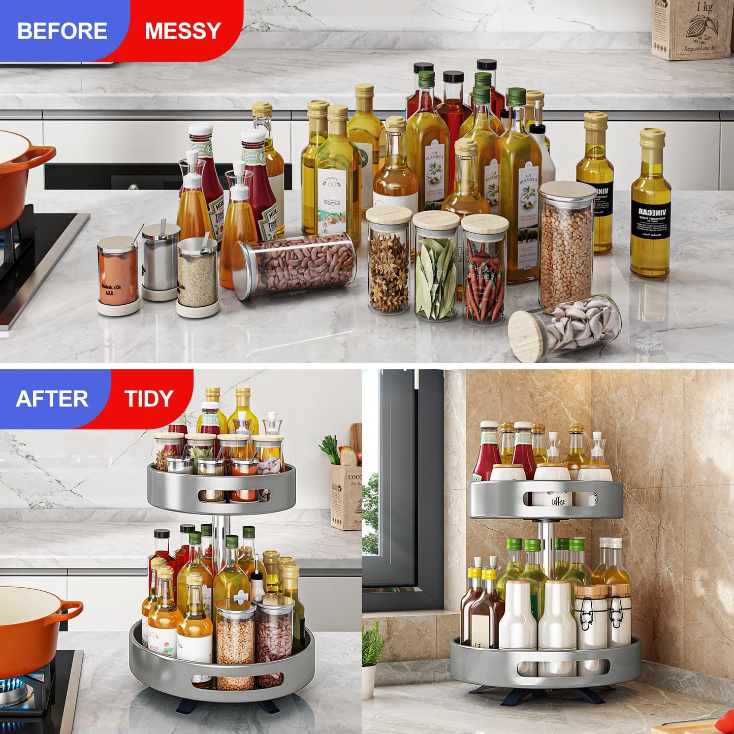 2 Tier Lazy Susan Organizer,Organizer Spice Rack for Kitchen Cabinet,Turntable Organizer for Cabinet Pantry Table Organization,12inch Silver