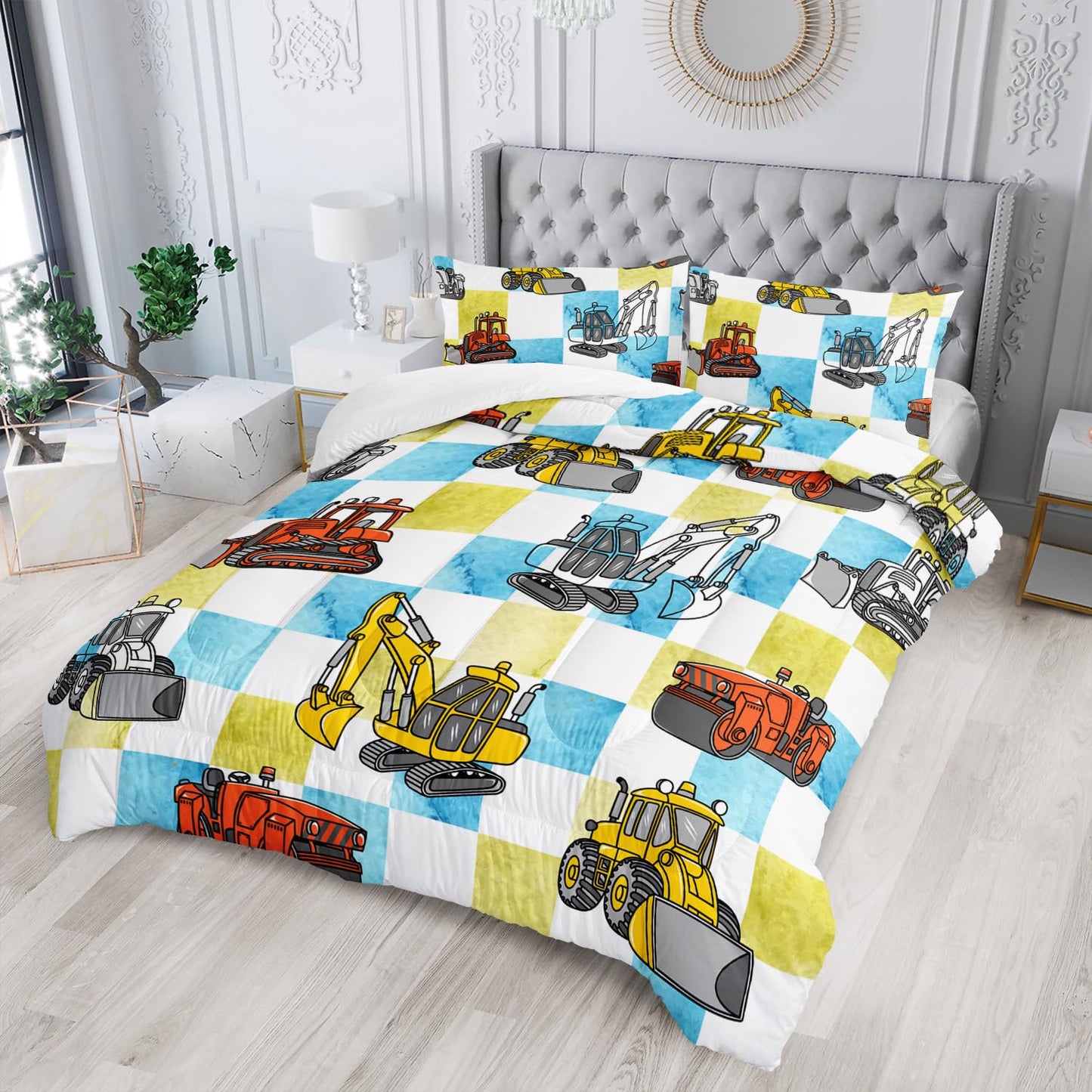 Boy's Construction Truck Comforter Set Full,Orange,and Yellow Truck 3 Pieces Bedding Set for Kids Boys Teens,Blue and Yellow Plaid Microfiber Lightweight Quilt Bedroom Decor with 2 Pillow Cases