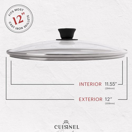 Cuisinel Cast Iron Skillet with Lid - 12"-Inch Frying Pan + Glass Cover + Silicone Handle Holder - PFAS and PFOA-free Pre-Seasoned Oven Safe Cookware - Indoor/Outdoor Use - Grill, BBQ, Fire, Stovetop