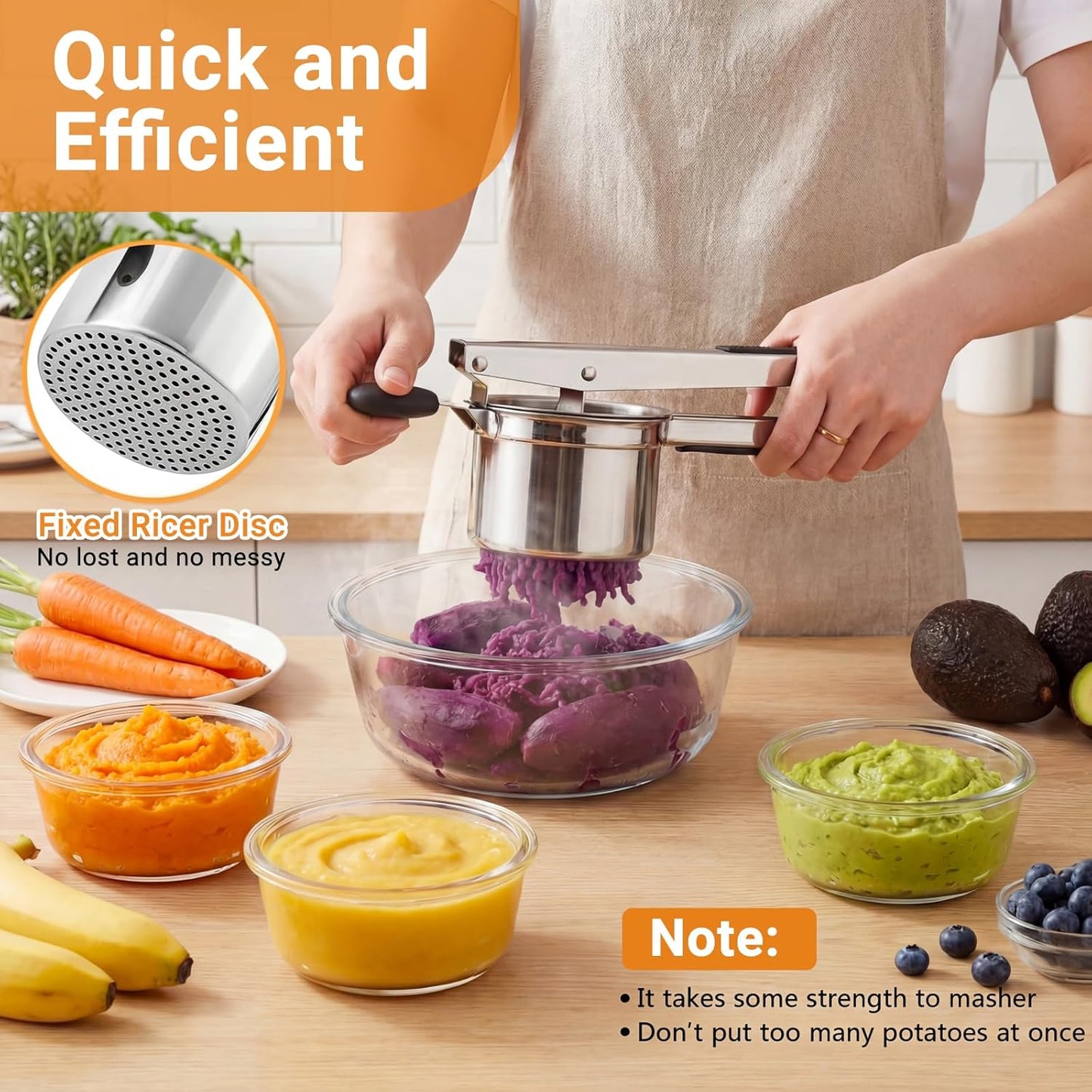 Skiennix 15oz Potato Ricer - Heavy Duty Stainless Steel with 4 Interchangeable Discs & Ergonomic Handle