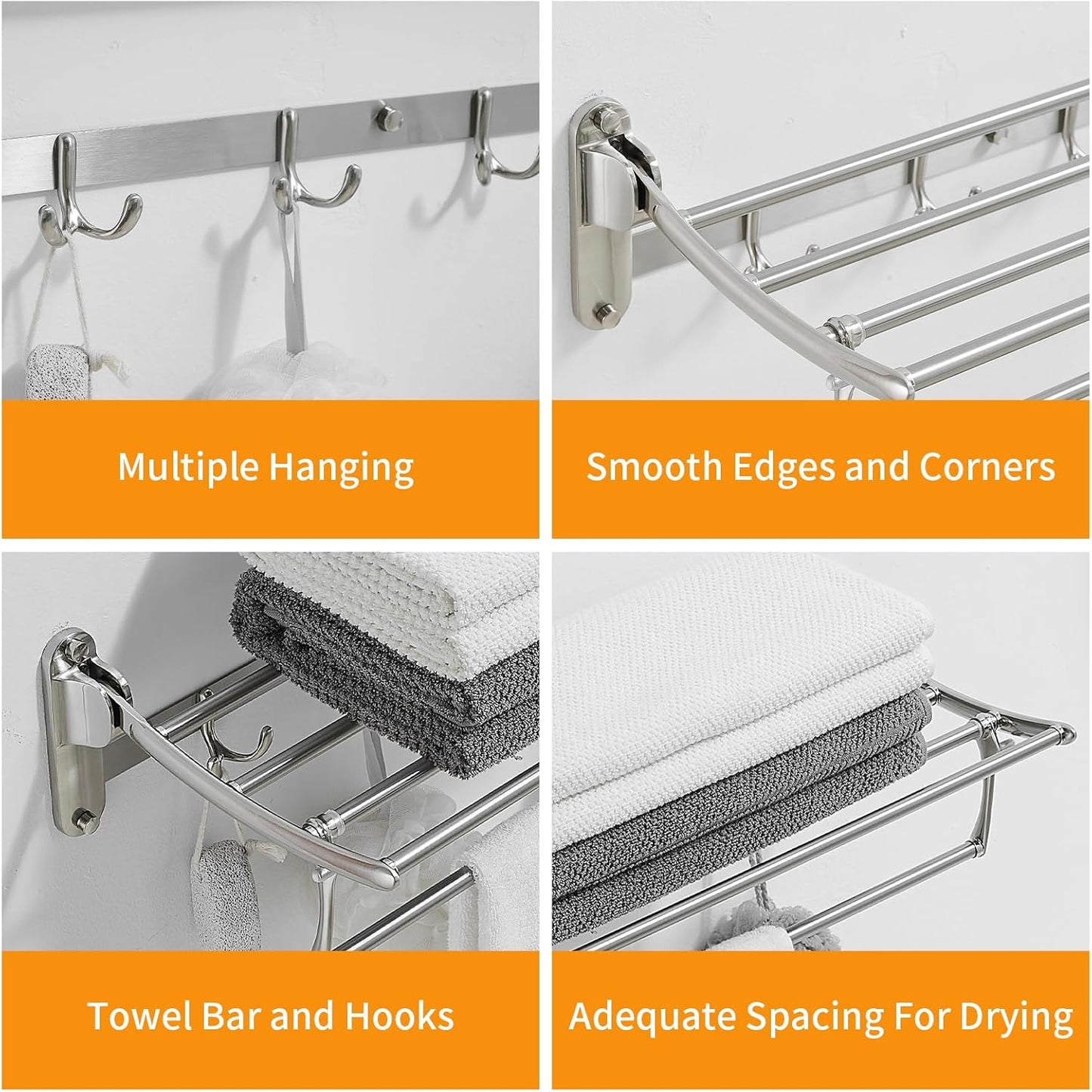 BESy 24 Inch Brushed Nickel Towel Racks, Bathroom Towel Shelf with Foldable Towel Bar Holder and Towel Hooks, Wall Mounted Multifunctional Bathroom Accessories, Double Towel Bars