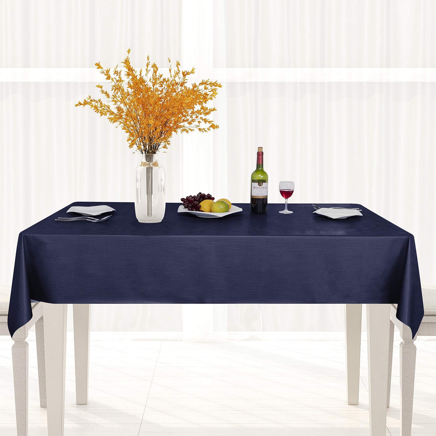 sancua 100% Waterproof Rectangle PVC Tablecloth - 60 x 140 Inch - Oil Proof Spill Proof Vinyl Table Cloth, Wipe Clean Table Cover for Dining Tables, Buffet Parties and Camping, Navy