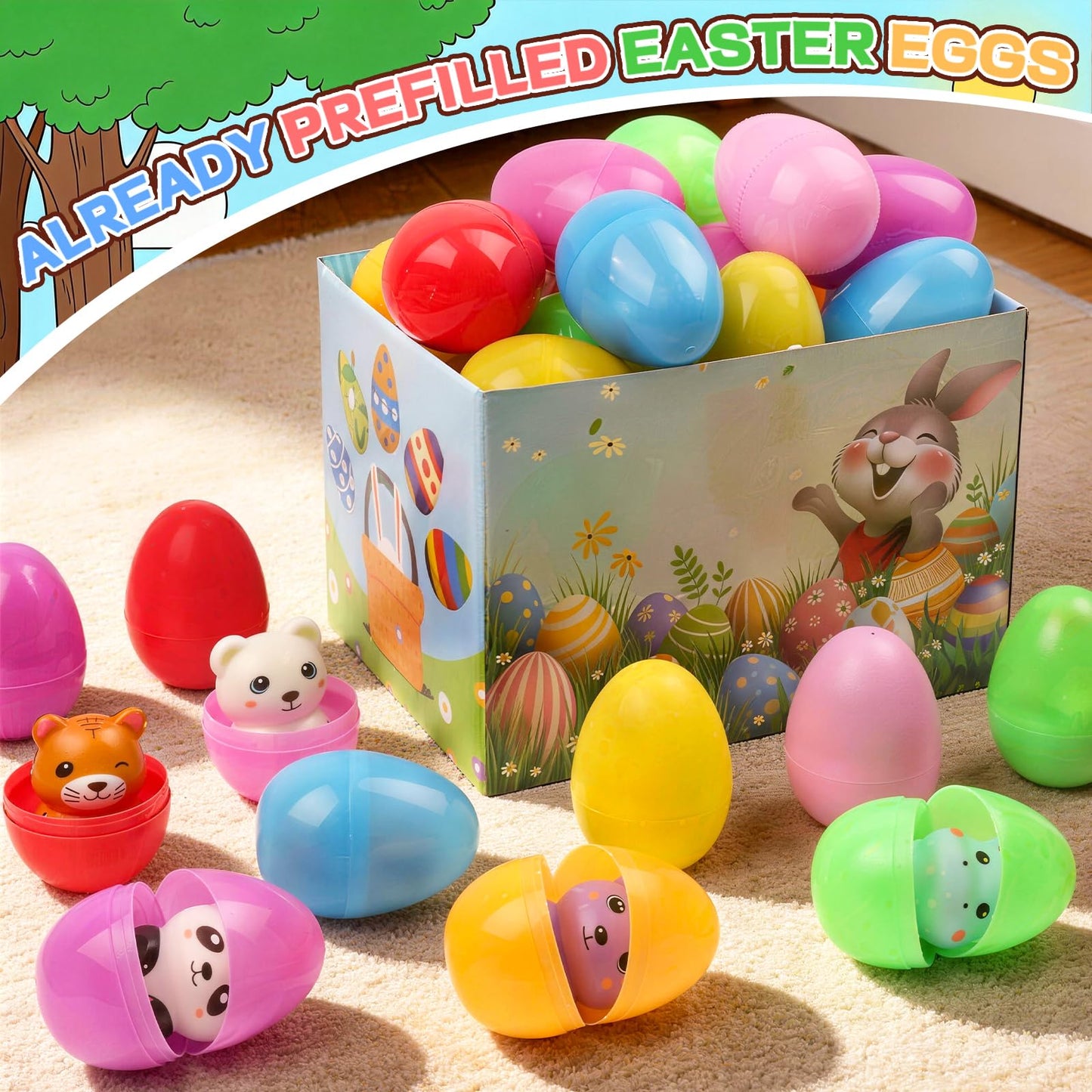 KissFuture 24 Pack Prefilled Easter Eggs with Animal Squishy Toys, Easter Eggs Filled for Egg Hunt, Easter Basket Stuffers, Easter Gifts for Kids, Easter Party Favors Prizes
