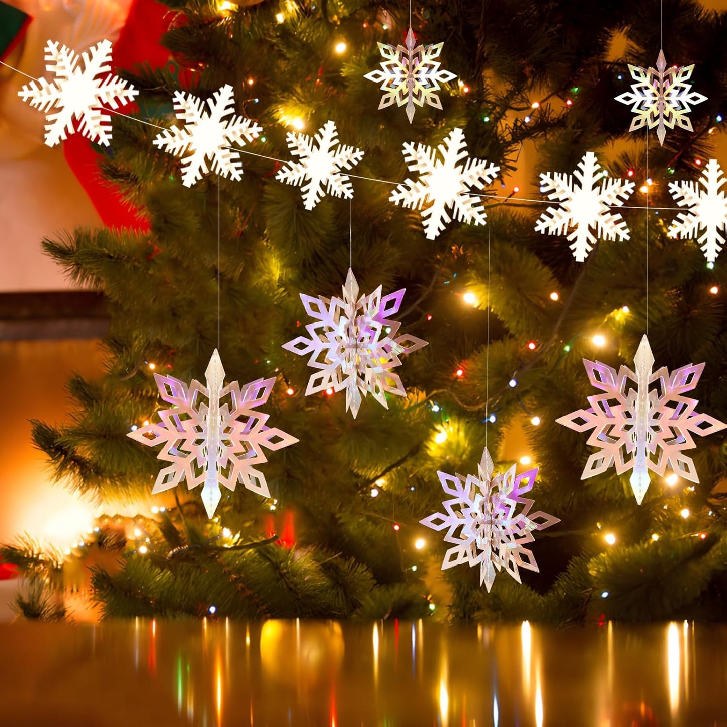 Skiennix 24 PCS Snowflake Christmas Hanging Decor - 12 Glittery & 12 White Paper Snowflakes for Winter Holiday Parties